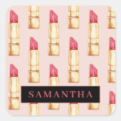 Modernes rosa und rotes Lipstick Muster Mädchen mi Quadratischer Aufkleber (Vorderseite)