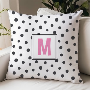 Modernes Rosa- und Schwarz-Polka-Dot-Monogram-Dorm Kissen