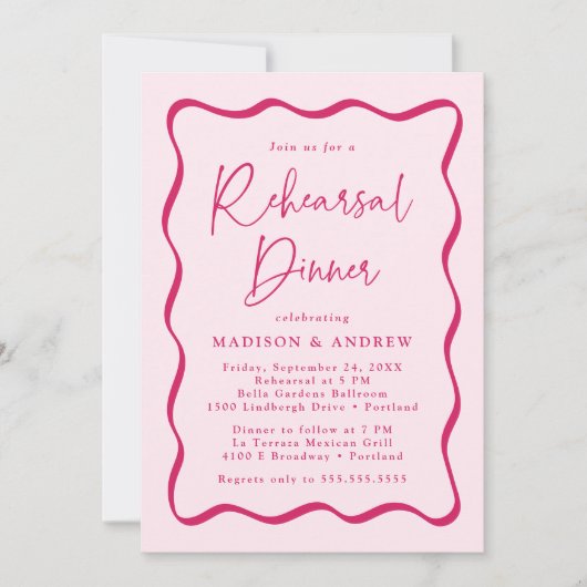 Modernes Rosa Wavy Frame Hochzeitessen Probe Einladung (Vorderseite)
