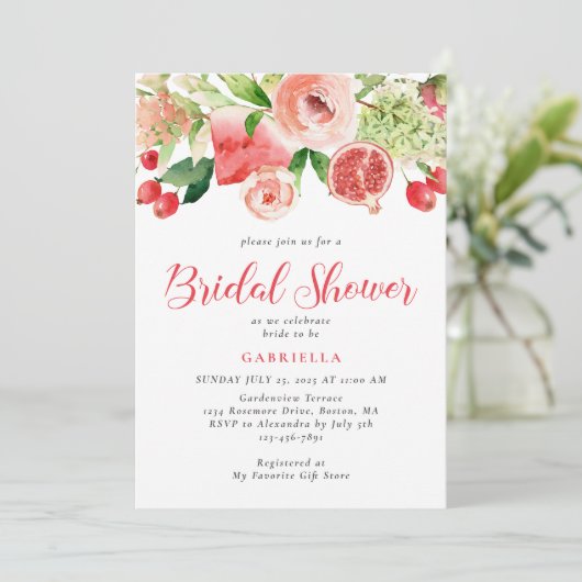 Modernes rosafarbenes Blumenobst Brautparty Einladung (Stehend Vorderseite)