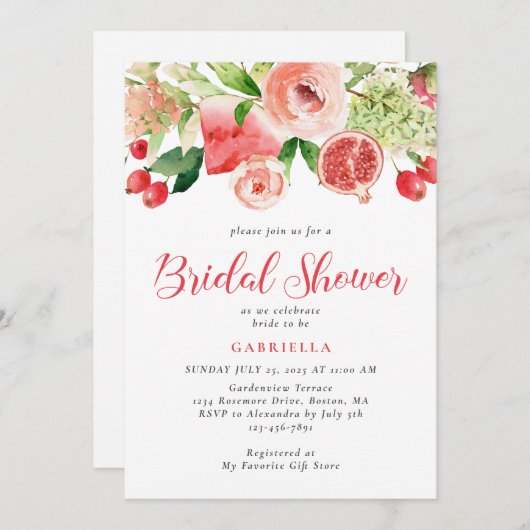 Modernes rosafarbenes Blumenobst Brautparty Einladung (Vorne/Hinten)