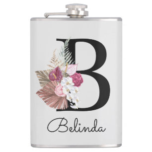 Modernes rosafarbenes florales Monogramm Anfangsbu Flachmann