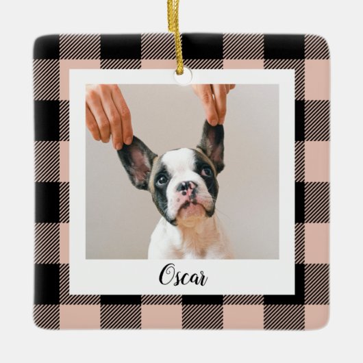 Modernes rosafarbenes Foto mit Karierten Namen und Keramikornament (Vorderseite)