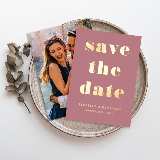 Modernes rosafarbenes Foto Save the Date Gold Folieneinladung
