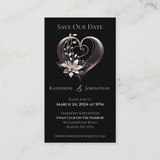 Modernes rosafarbenes Herz mit Blume-Save the Date Visitenkarte (Vorderseite)