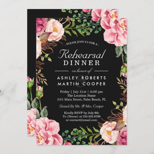 Modernes, rosafarbenes Hochzeitsessen mit floraler Einladung (Vorne/Hinten)