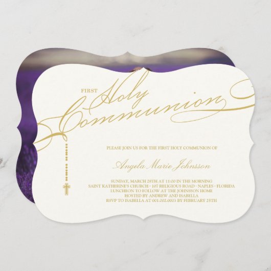 Modernes Rosary First Heilige Kommunion Foto Relig Einladung (Vorne/Hinten)