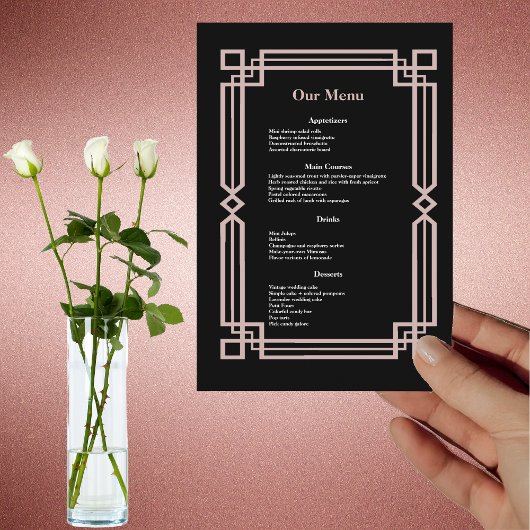 Modernes Rose Gold Border Navy Black Wedning Dinne Menükarte
