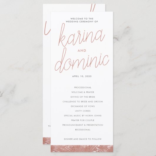 Modernes Rose Gold Brush Stroke Wedding Programm (Vorne/Hinten)