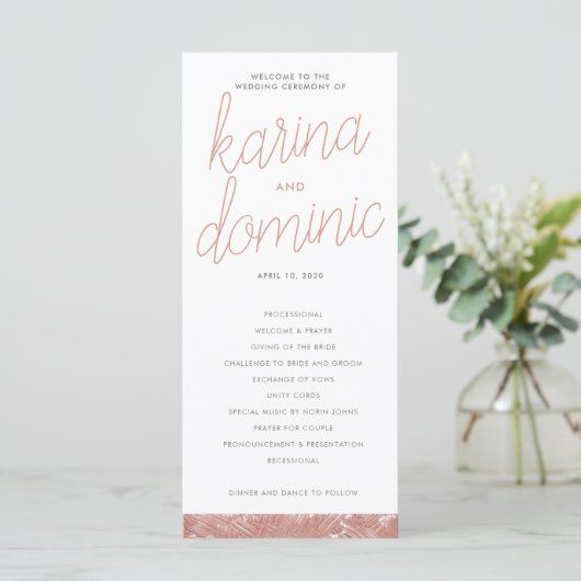 Modernes Rose Gold Brush Stroke Wedding Programm (Stehend Vorderseite)