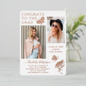 Modernes Rose Gold Butterfly Script Abschluss Foto Folieneinladung (Stehend vorne)