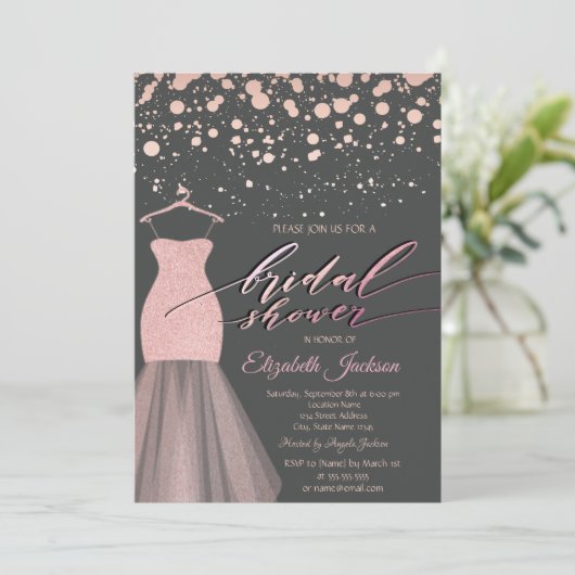 Modernes Rose Gold Dots Glitzer Dress Brautparty Einladung (Stehend Vorderseite)