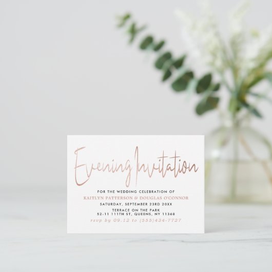Modernes Rose Gold Foil Script Abend Event Ticket Begleitkarte (Stehend Vorderseite)