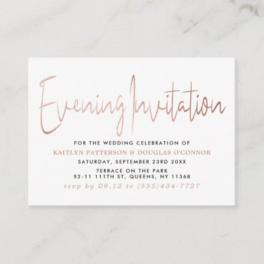 Modernes Rose Gold Foil Script Abend Event Ticket Begleitkarte (Vorderseite)
