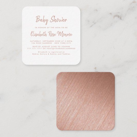 Modernes Rose Gold Foil & Script Baby Shooting Tic Quadratische Visitenkarte (Vorne/Hinten)