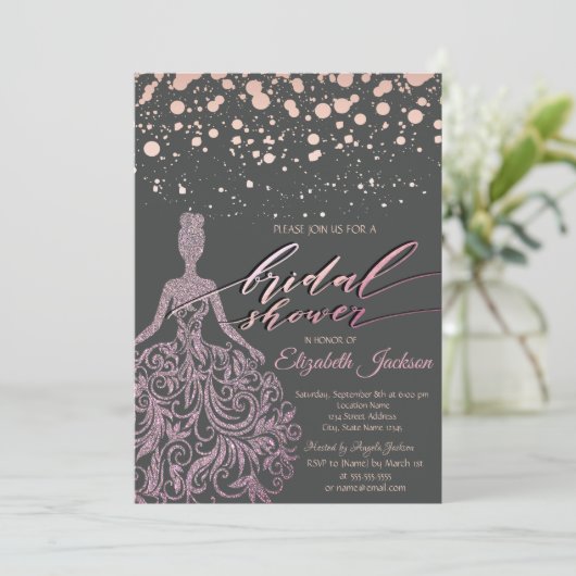 Modernes Rose Gold Glitzer Dress Dots Brautparty Einladung (Stehend Vorderseite)