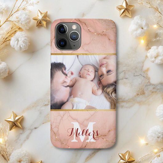 Modernes Rose Gold Glitzer Marmor Monogramm Foto Case-Mate iPhone Hülle