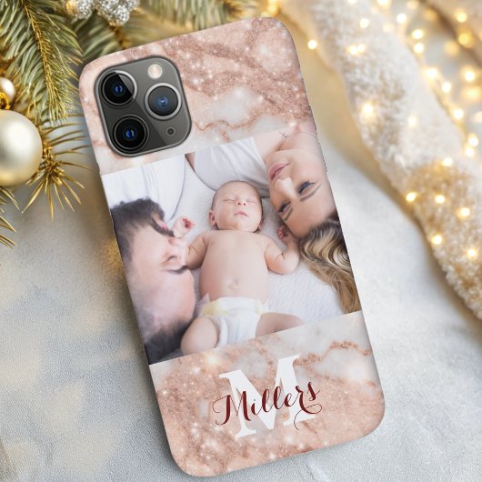 Modernes Rose Gold Glitzer Marmor Monogramm Foto Case-Mate iPhone Hülle