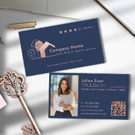 Modernes Rose Gold House Logo Foto Navy Realtor Visitenkarte