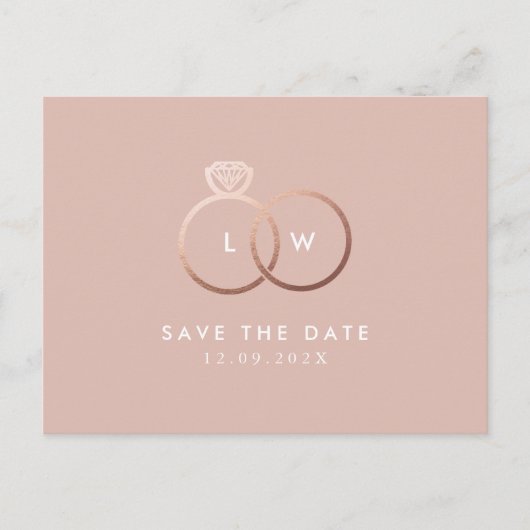 Modernes Rose Gold Rating Monogram Save the Date Postkarte (Vorderseite)