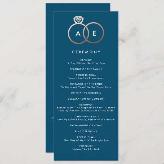 Modernes Rose Gold Rings Custom Wedding Programm (Vorne/Hinten)