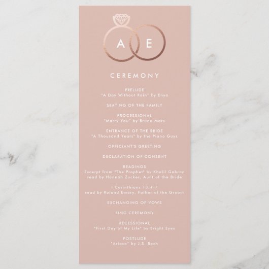 Modernes Rose Gold Rings Custom Wedding Programm (Vorderseite)