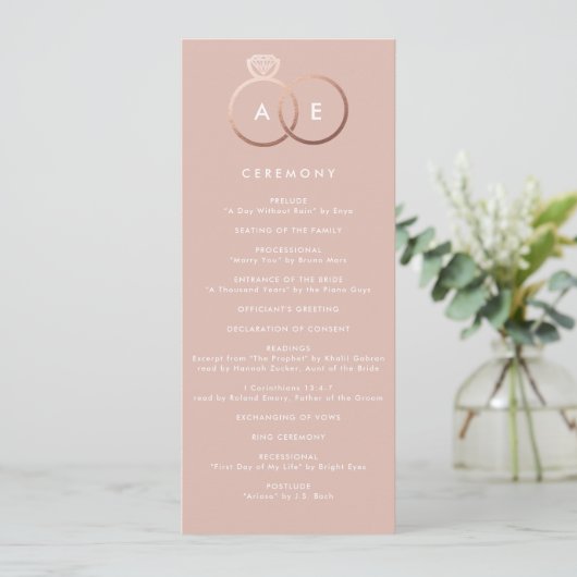 Modernes Rose Gold Rings Custom Wedding Programm (Stehend Vorderseite)