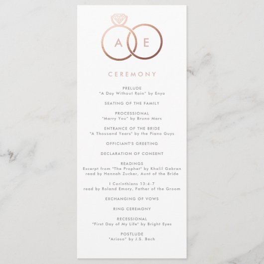 Modernes Rose Gold Rings Custom Wedding Programm (Vorderseite)