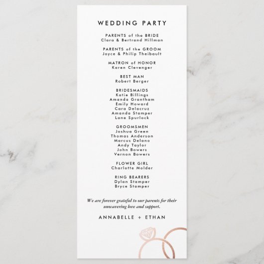 Modernes Rose Gold Rings Custom Wedding Programm (Rückseite)