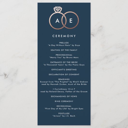 Modernes Rose Gold Rings Navy Blue Wedding Program Programm (Vorderseite)