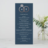 Modernes Rose Gold Rings Navy Blue Wedding Program Programm (Stehend Vorderseite)