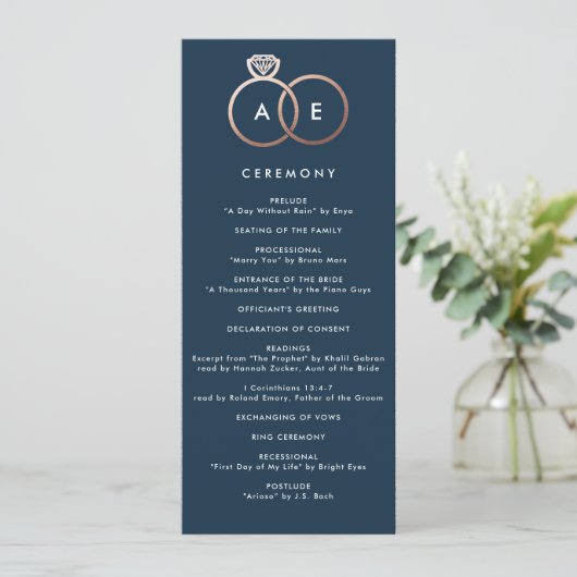 Modernes Rose Gold Rings Navy Blue Wedding Program Programm (Stehend Vorderseite)