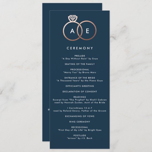 Modernes Rose Gold Rings Navy Blue Wedding Program Programm (Vorne/Hinten)