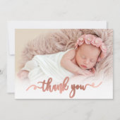 Modernes Rose Gold Script Baby Foto Danke Karte (Vorderseite)