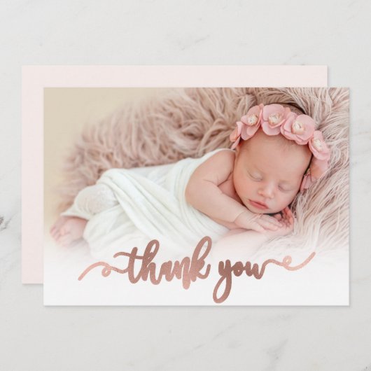Modernes Rose Gold Script Baby Foto Danke Karte (Vorne/Hinten)