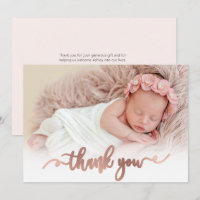 Modernes Rose Gold Script Baby Foto Danke Karte