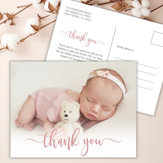 Modernes Rose Gold Script Baby Foto Vielen Dank Postkarte