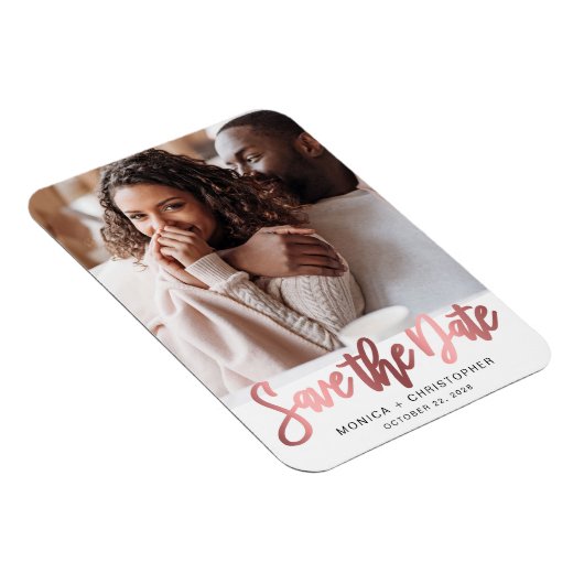 Modernes Rose Gold Script Foto Save the Date Magnet (Rechte Seite)