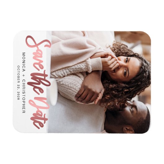 Modernes Rose Gold Script Foto Save the Date Magnet (Horizontal)
