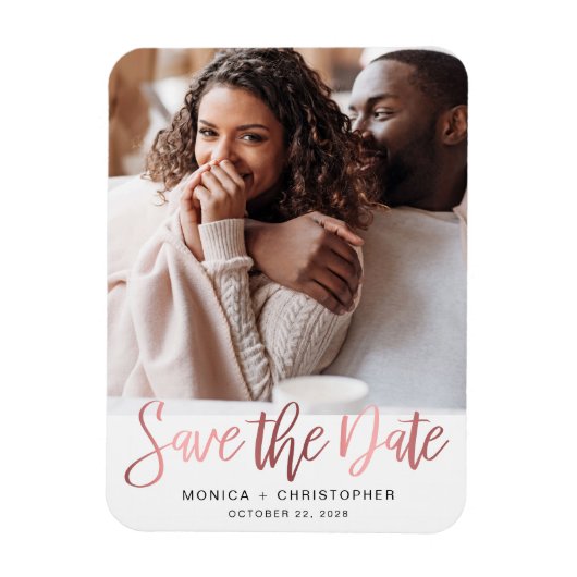 Modernes Rose Gold Script Foto Save the Date Magnet (Vertikal)