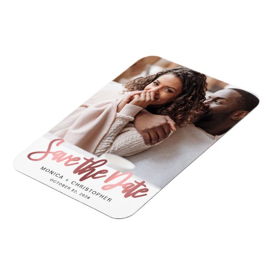 Modernes Rose Gold Script Foto Save the Date Magnet (Linke Seite)