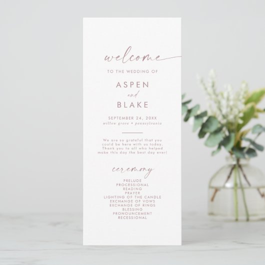 Modernes Rose Gold Script Hochzeitsprogramm Programm (Stehend Vorderseite)