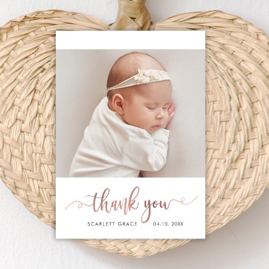 Modernes Rose Gold Script Simple Baby Foto Dankeskarte