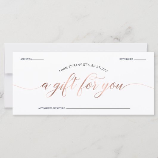 Modernes Rose-Gold- und Navy-Blue-Geschenkzertifik (Vorderseite)