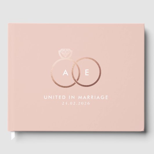 Modernes Rose Gold Wedding Rings Monogram Gästebuc Gästebuch (Vorderseite)