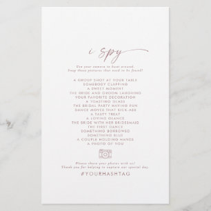 Modernes Rose Script I Spy Wedding Foto Scavenger Flyer