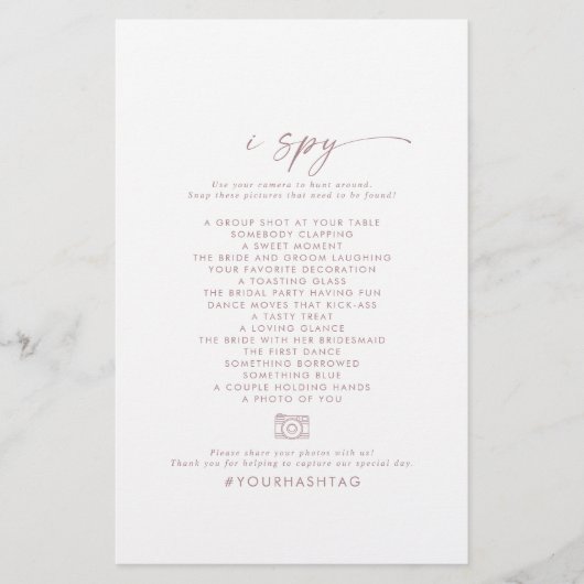 Modernes Rose Script I Spy Wedding Foto Scavenger Flyer (Vorne)
