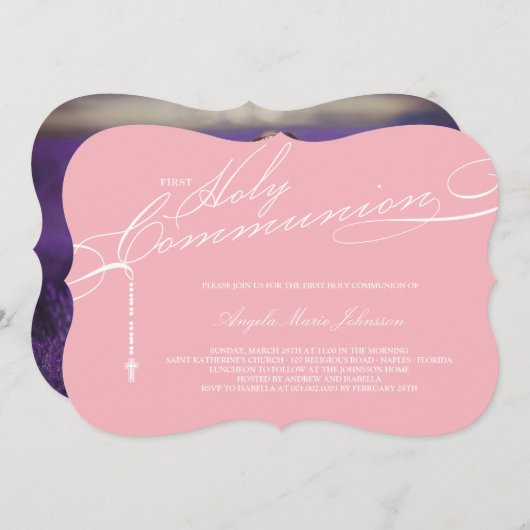 Modernes Rosenkranz Erste Heilige Kommunion Foto R Einladung (Vorne/Hinten)