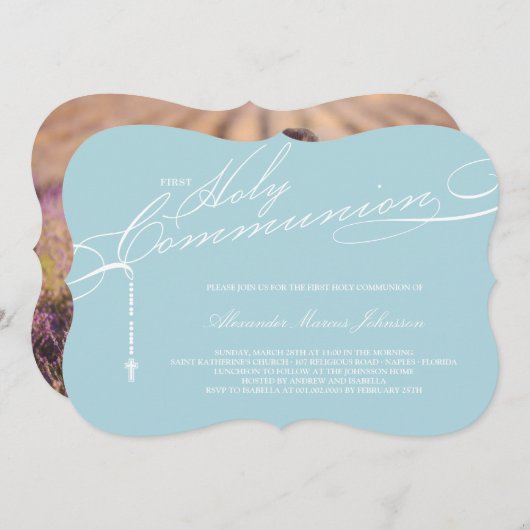 Modernes Rosenkranz Erste Heilige Kommunion Foto R Einladung (Vorne/Hinten)