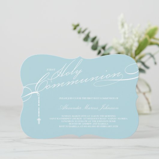 Modernes Rosenkranz Erste Heilige Kommunion Foto R Einladung (Stehend Vorderseite)